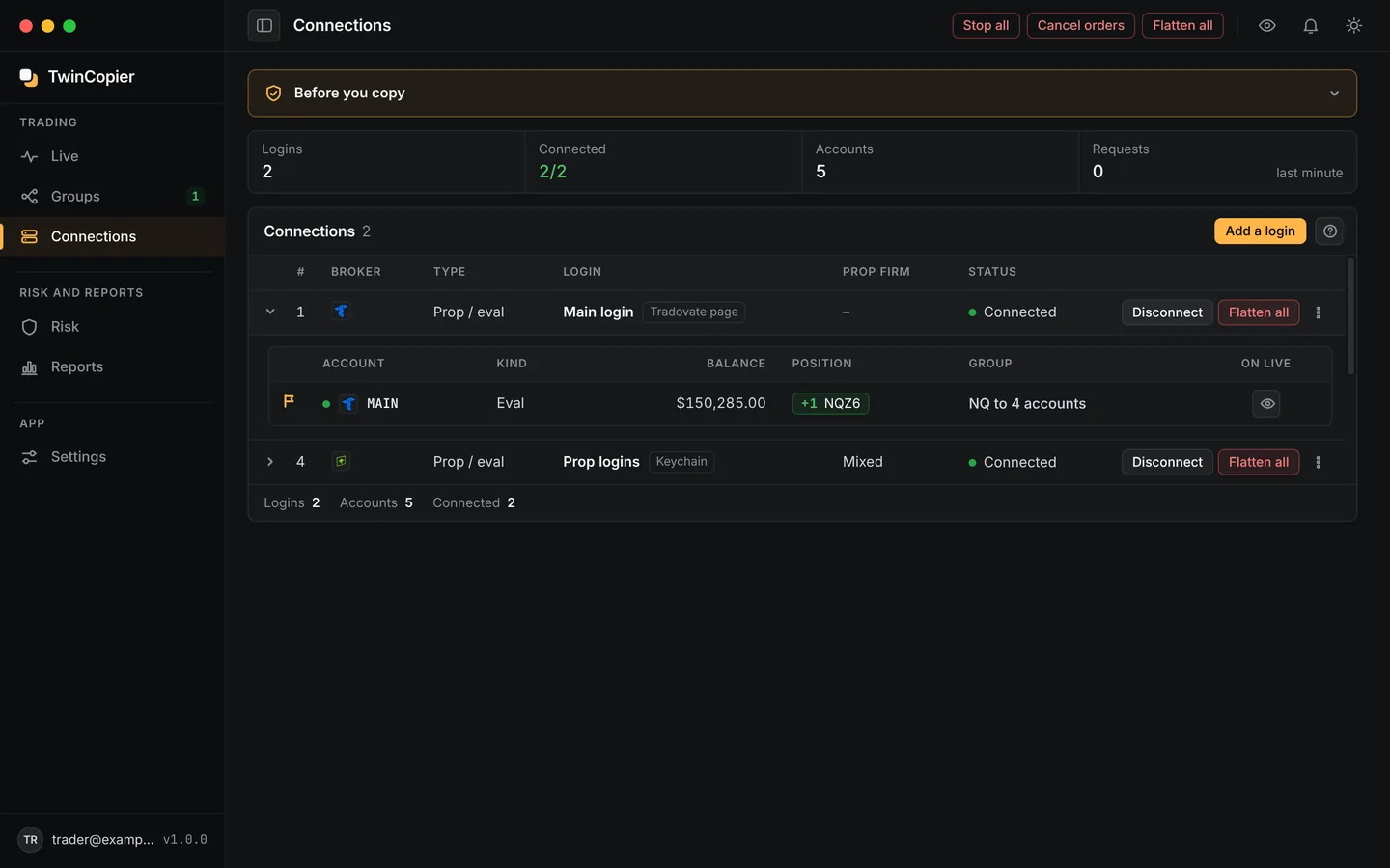 The Connections screen: two logins connected, with their accounts, balances and positions.